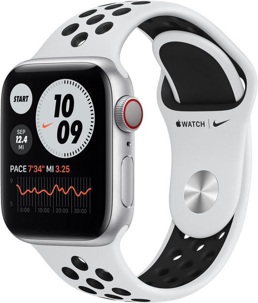 Apple Watch 6 Nike LTE Alu 40mm Sportarmband Pure Platinum Schwarz MO7C3 - Onhe Vertrag