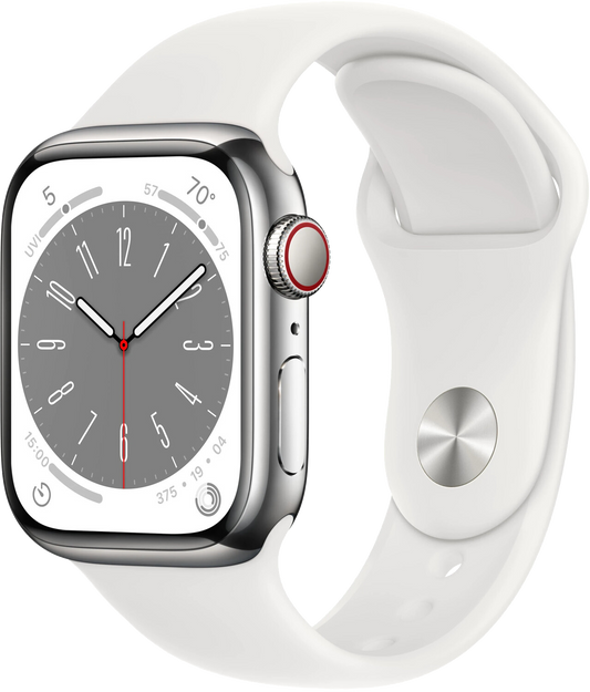 Apple Watch 8 LTE silber Edelstahl 41mm Sportarmband Weiß MNJ53 - Ohne Vertrag