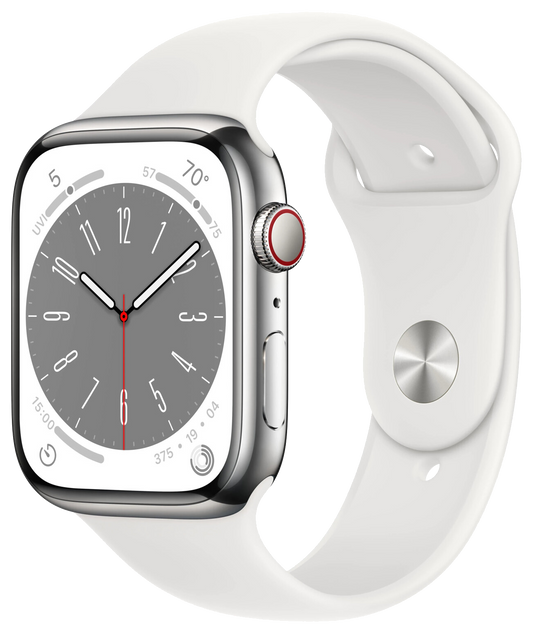 Apple Watch 8 LTE silber Edelstahl 45mm Sportarmband Weiß MNKE3 - Ohne Vertrag
