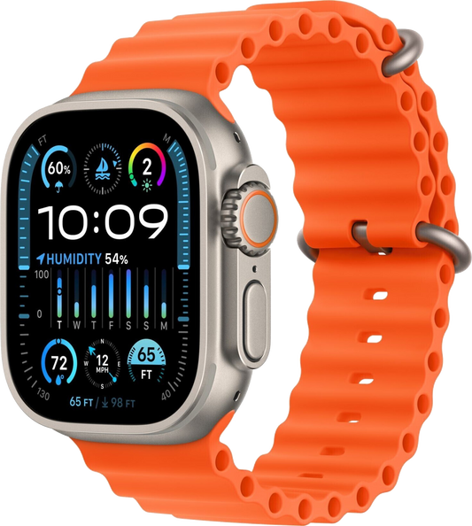 Apple Watch Ultra 2 LTE Silber Titan 49mm Ocean Armband Orange MREH3 - Ohne Vertrag