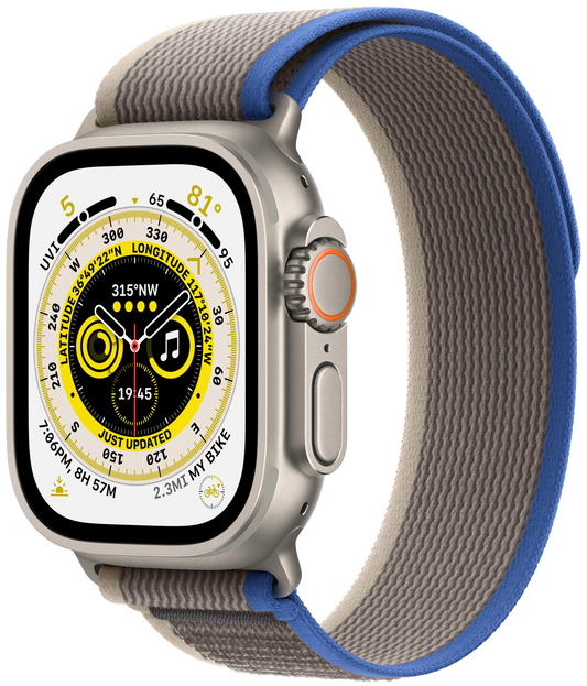 Apple Watch Ultra LTE silber Titan 49mm Trail Loop Blau/Grau M/L MQFV3 - Ohne Vertrag