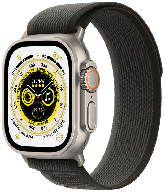 Apple Watch Ultra LTE silber Titan 49mm Trail Loop Schwarz/Grau S/M MQFW3 - Ohne Vertrag