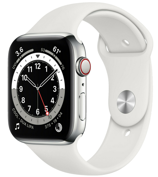 Apple Watch 6 LTE Silber Edelstahl 44mm Sportarmband Weiß M09D3 - Ohne Vertrag